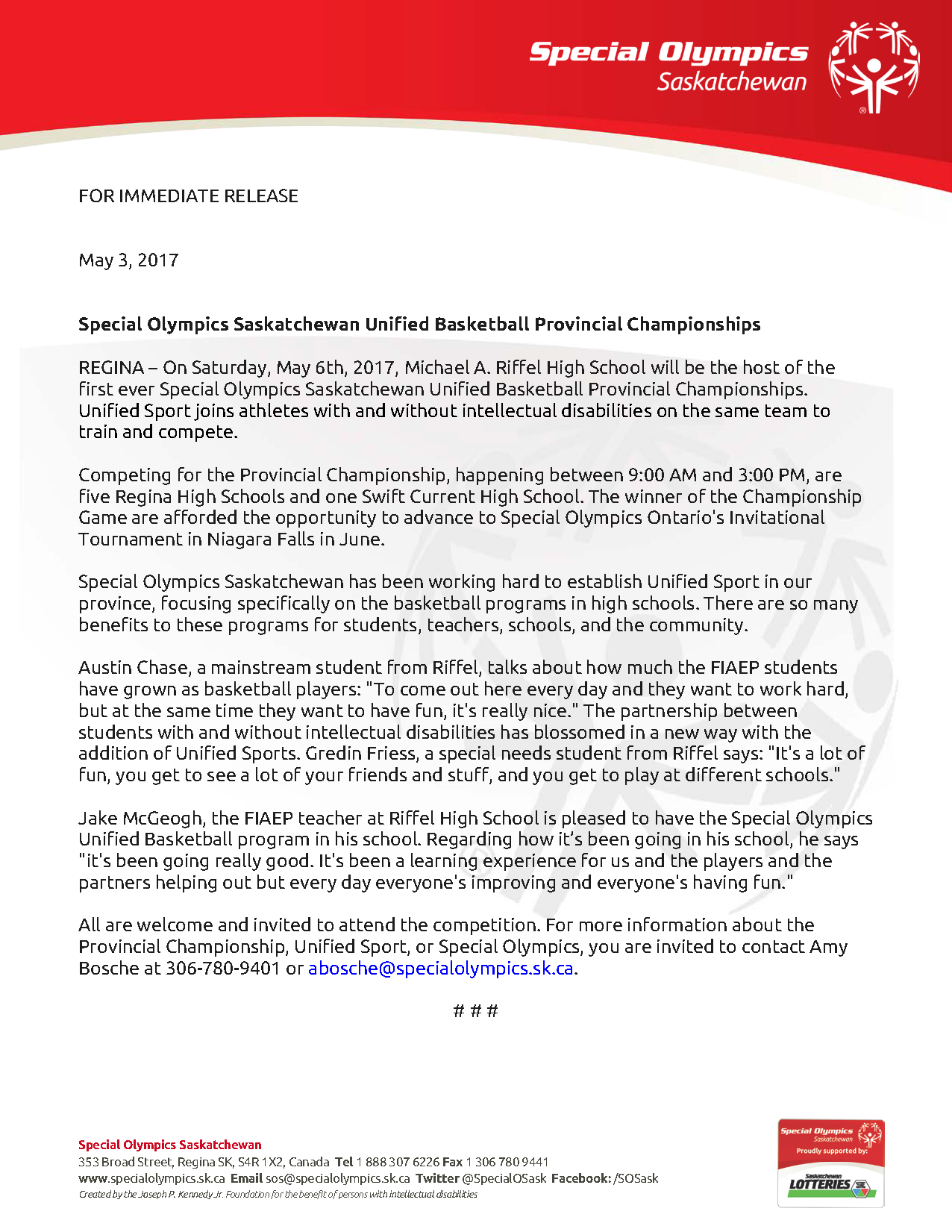 FOR IMMEDIATE RELEASE - Special Olympics Saskatchewan Unified Basketball Provincial Championships_Page_1