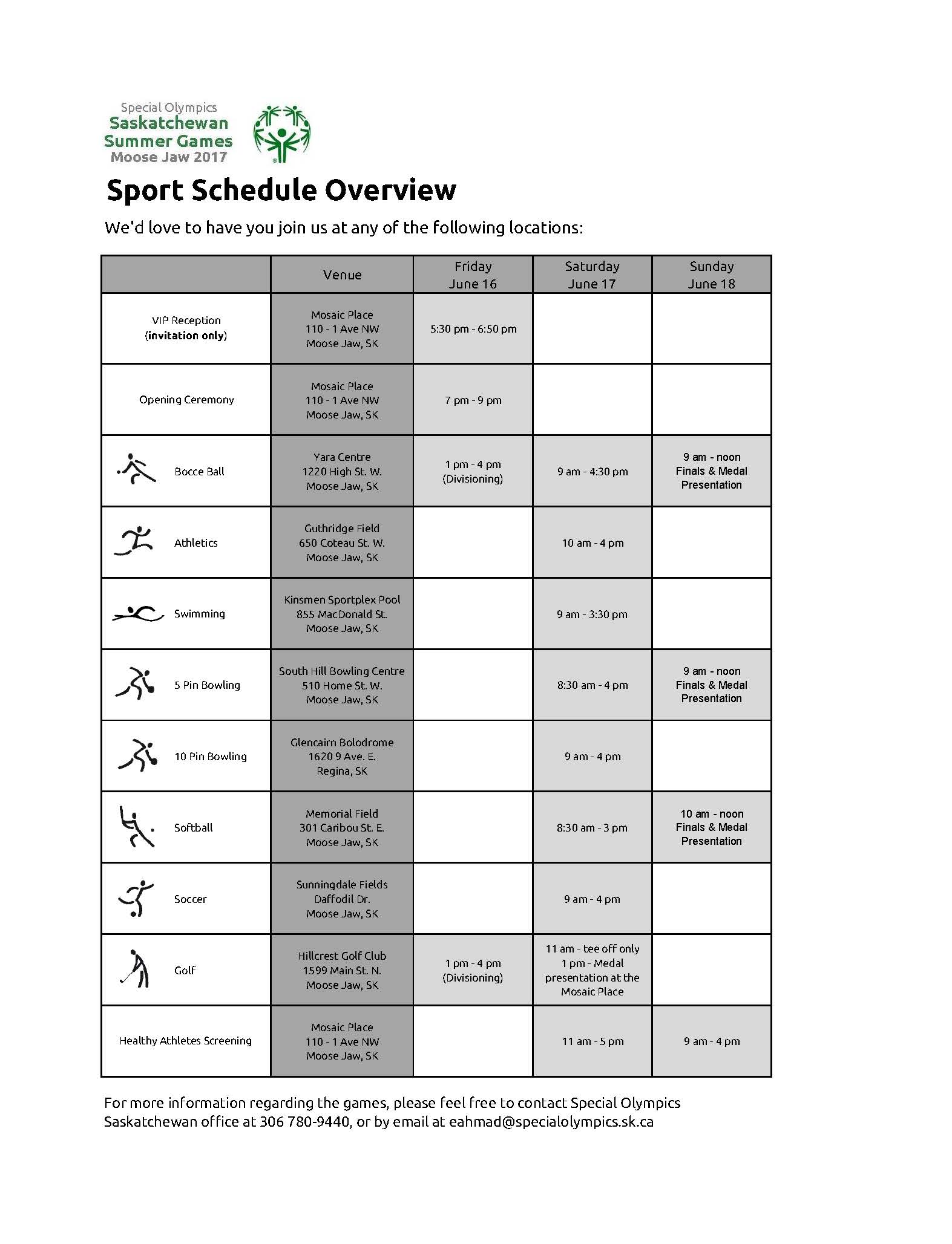 SOS Summer Games 2017 Moose Jaw Schedule Overview