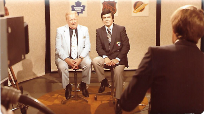 Bernie Pascall doing a broadcast seated next to Harold Ballard, an old owner of the Toronto Maple Leafs