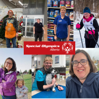 photo collage of 7 special olympics alberta athletes smiling while working at their jobs. 