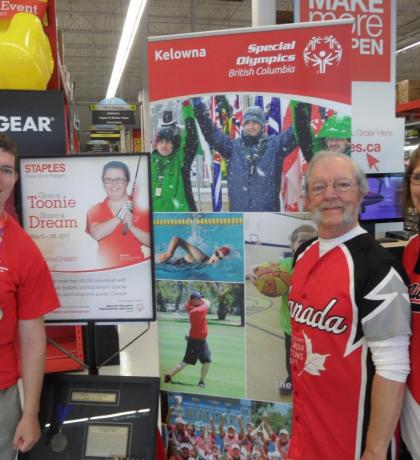 SOBC – Kelowna athlete Will Richardson and coaches Dennis Richardson and Lorena Mead supporting the campaign at their local Staples.