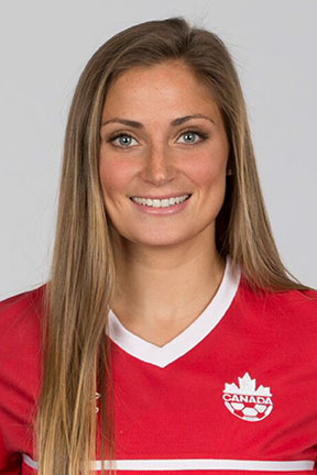 Headshot of a woman with long blond hair wearing a red soccer Canada jersey. Headshot of a woman with long blond hair wearing a red soccer Canada jersey.