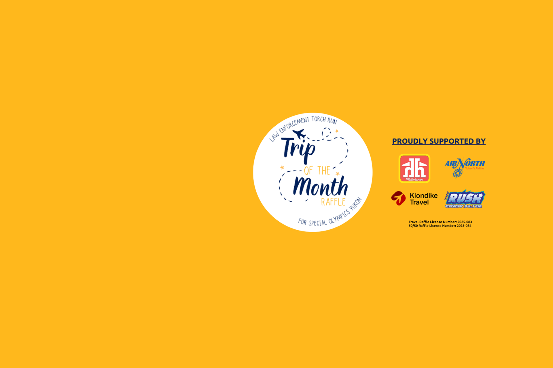 An infographic image with a "Trip of the Month" logo, text reading "PROUDLY SUPPORTED BY", four sponsor logos, and text reading "Travel Raffle License Number: 2025-083; 50/50 Raffle License Number: 2025-084", all on a yellow background.