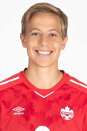 Headshot of a person with short blond hair wearing a Canada soccer jersey. Headshot of a person with short blond hair wearing a Canada soccer jersey.