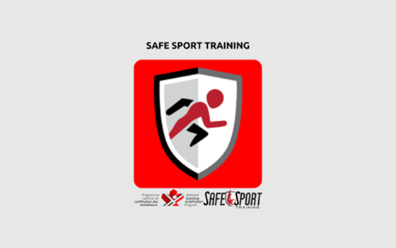 An infographic image that reads "Safe Sport Training" in black text. Below it is a white, red, black, and silver person running on a shield icon. Below that is the NCCP logo and the Safe Sport logo right beside each other.