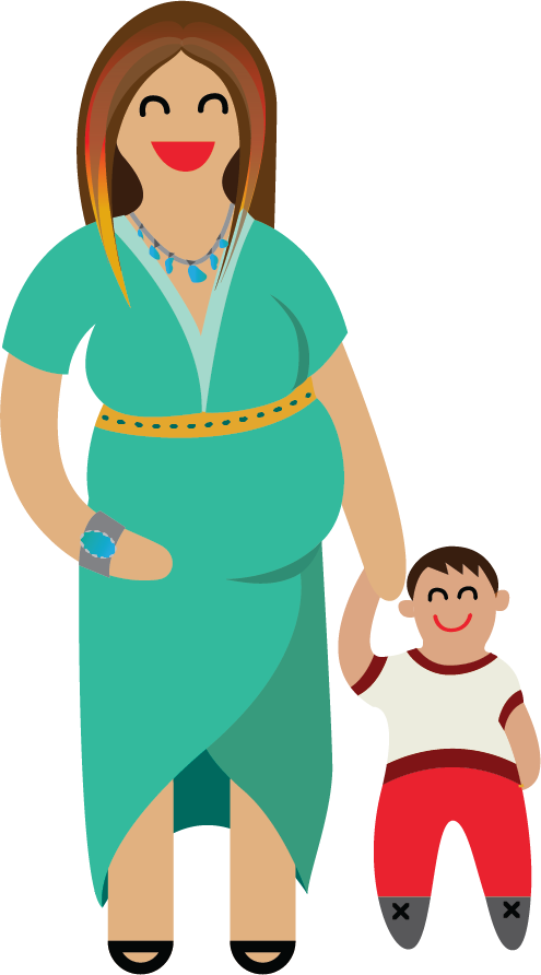 Illustration of a pregnant person holding the hand of a child 