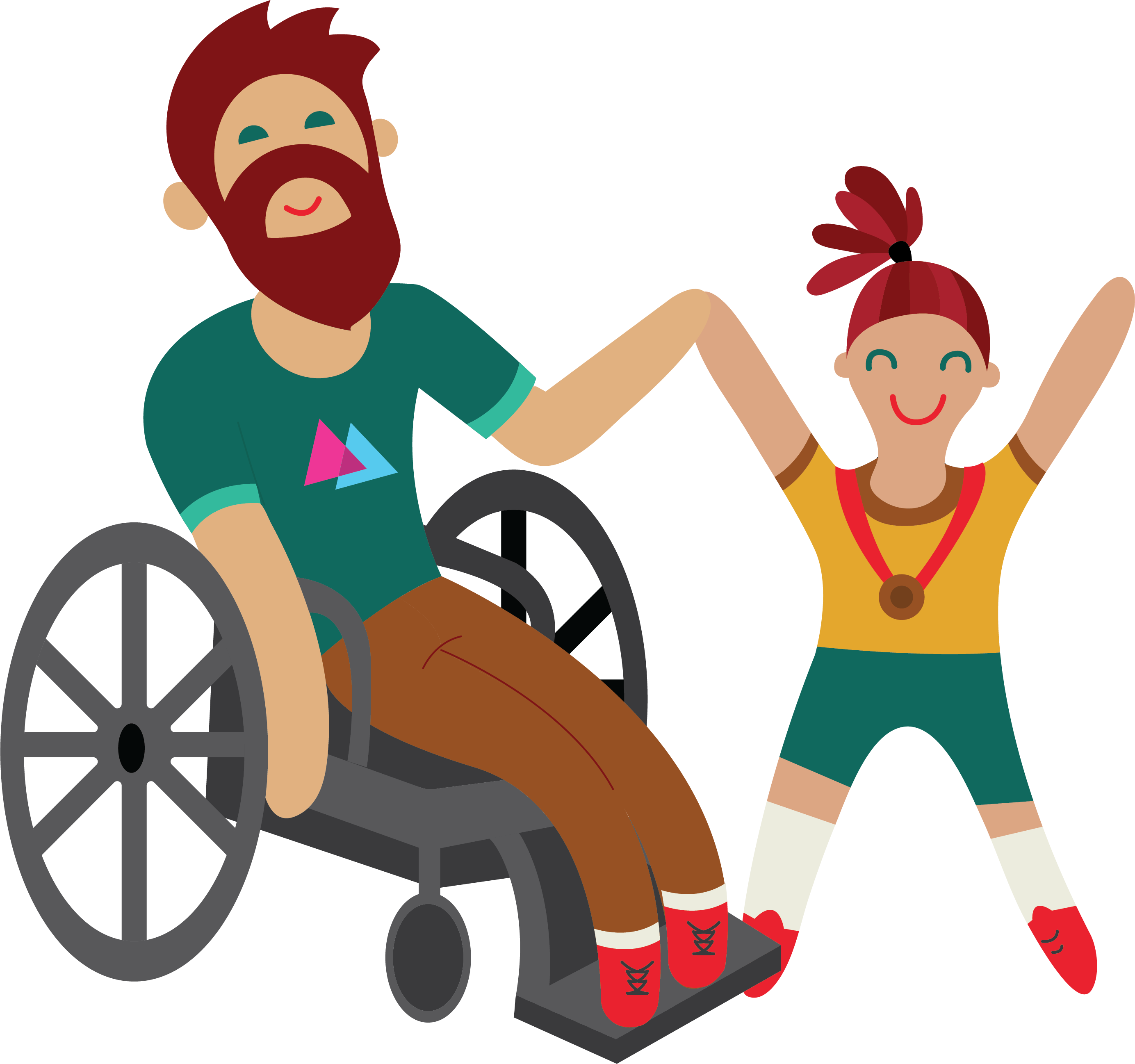 Illustration of a man in a wheelchair holding hands with a small child. Both look happy. 
