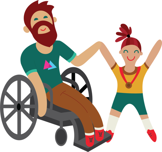Illustration d'un homme en fauteuil roulant tenant la main d'un petit enfant. Tous deux semblent heureux.