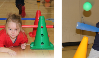 A collage image of two separate photos. The photo on the left shows a little girl crawling underneath a small obstacle course made of colourful pylons and sticks. The photo on the right shows a little boy hitting a ball with a baseball bat. It is an action shot photo.