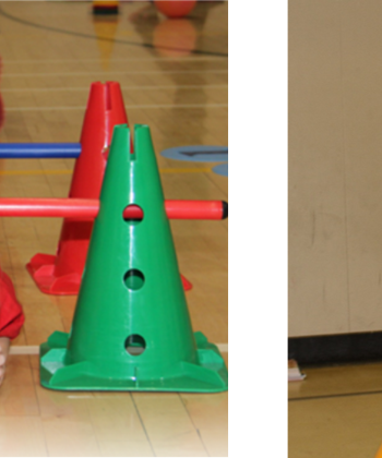 A collage image of two separate photos. The photo on the left shows a little girl crawling underneath a small obstacle course made of colourful pylons and sticks. The photo on the right shows a little boy hitting a ball with a baseball bat. It is an action shot photo.