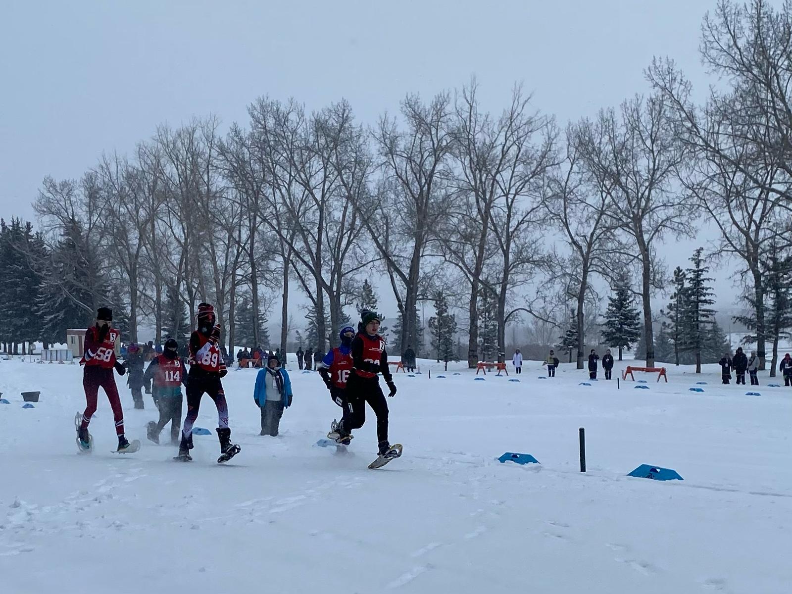 An action shot image of snowshoers. There are five athletes running across the snow a medium distance away from the camera. In the distance behind them, you can see trees and viewers watching the sport.