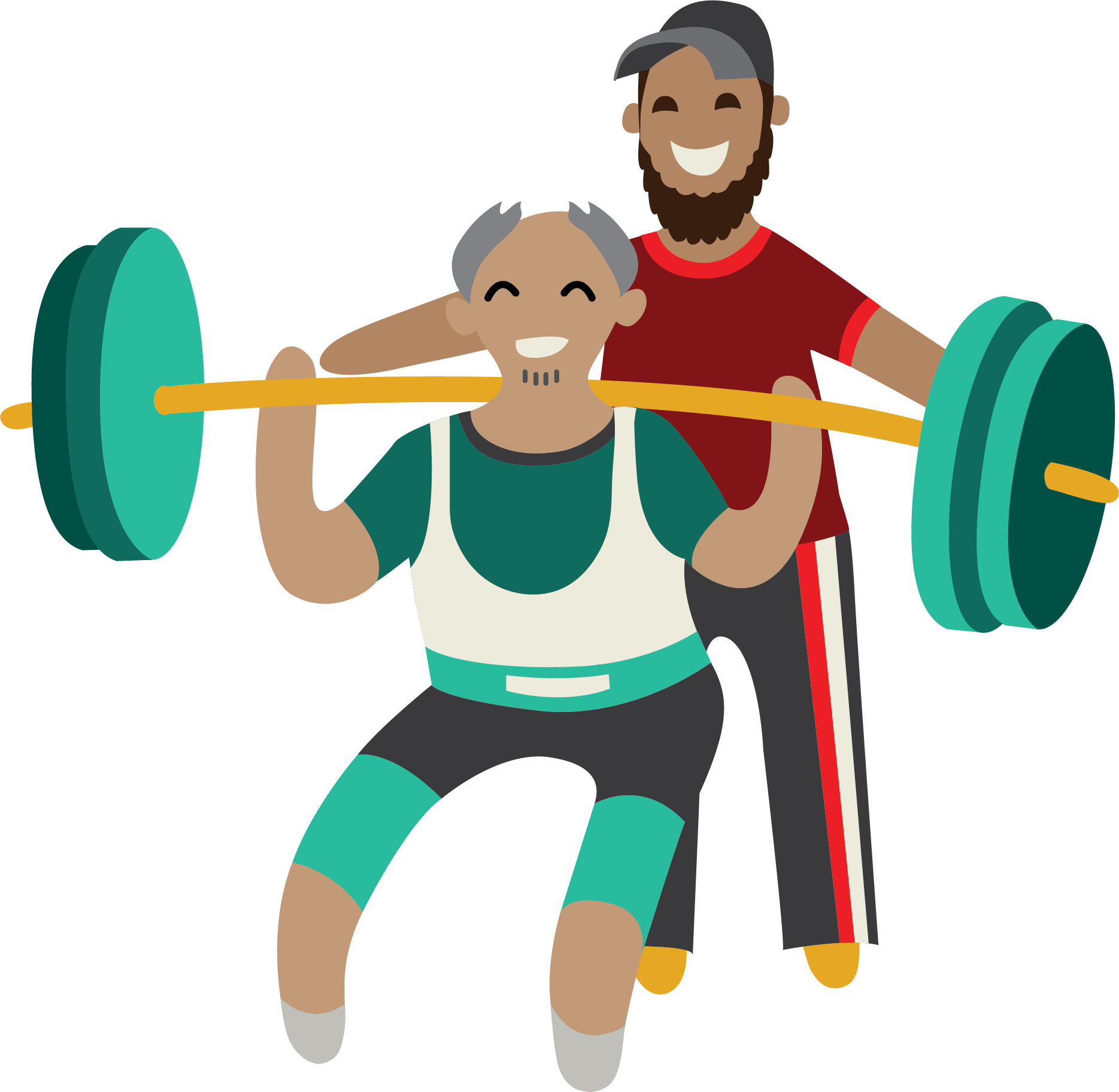 Illustration of a man lifting weights while someone stands behind him to spot. 