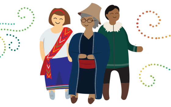 Une illustration de trois personnes autochtones souriantes dans leurs vêtements traditionnels.