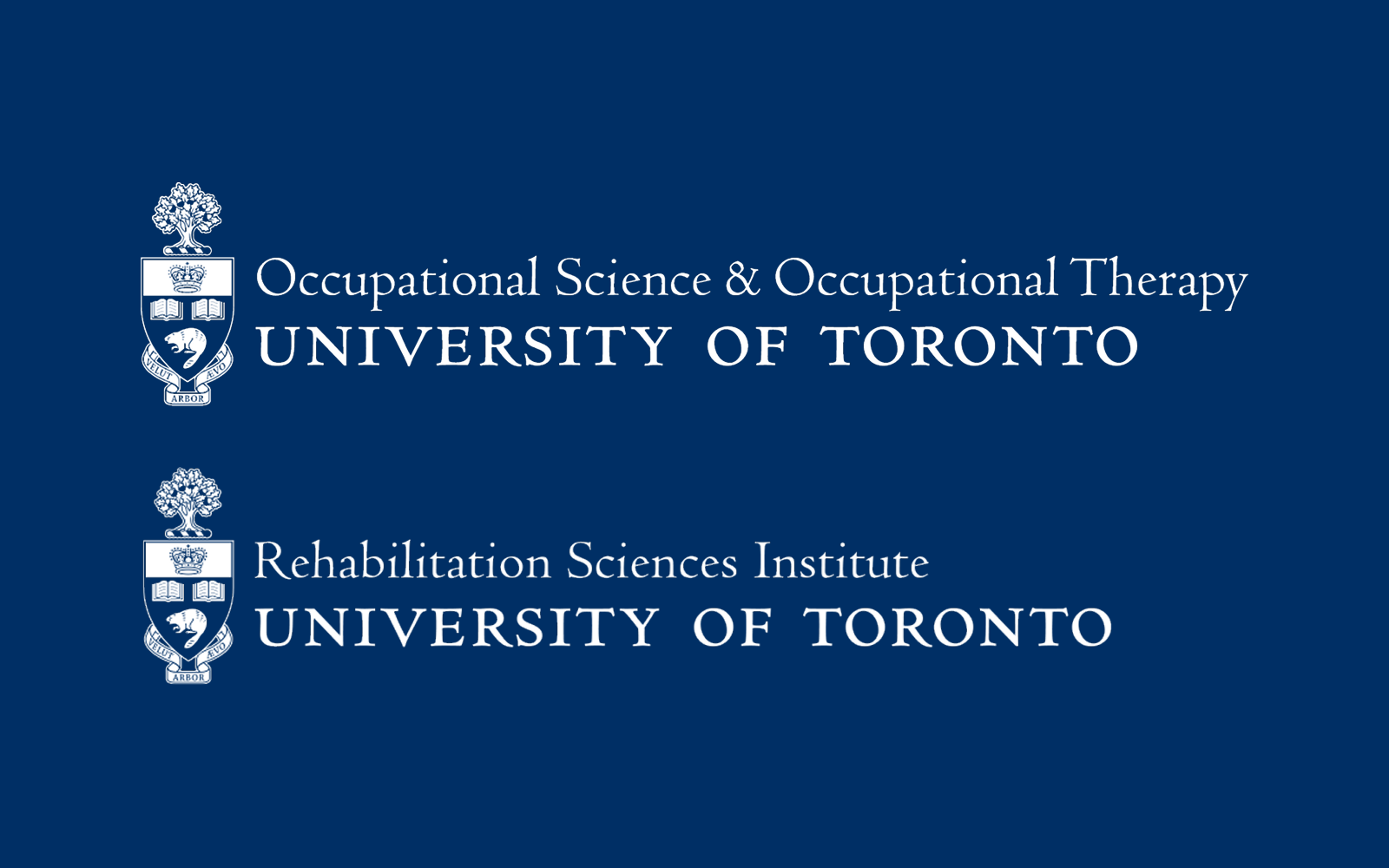 Logo de University of Toronto Occupational Science & Occupational Therapy en haut et logo de University of Toronto Rehabilitation Sciences Institute en bas, sur un fond bleu marine.