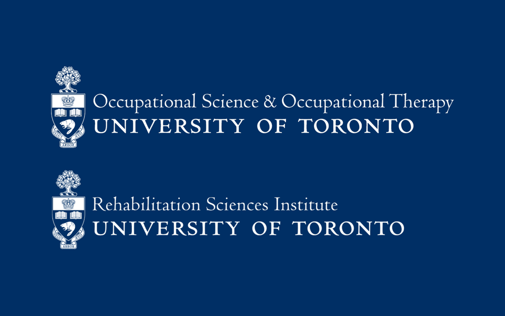Logo de University of Toronto Occupational Science & Occupational Therapy en haut et logo de University of Toronto Rehabilitation Sciences Institute en bas, sur un fond bleu marine.