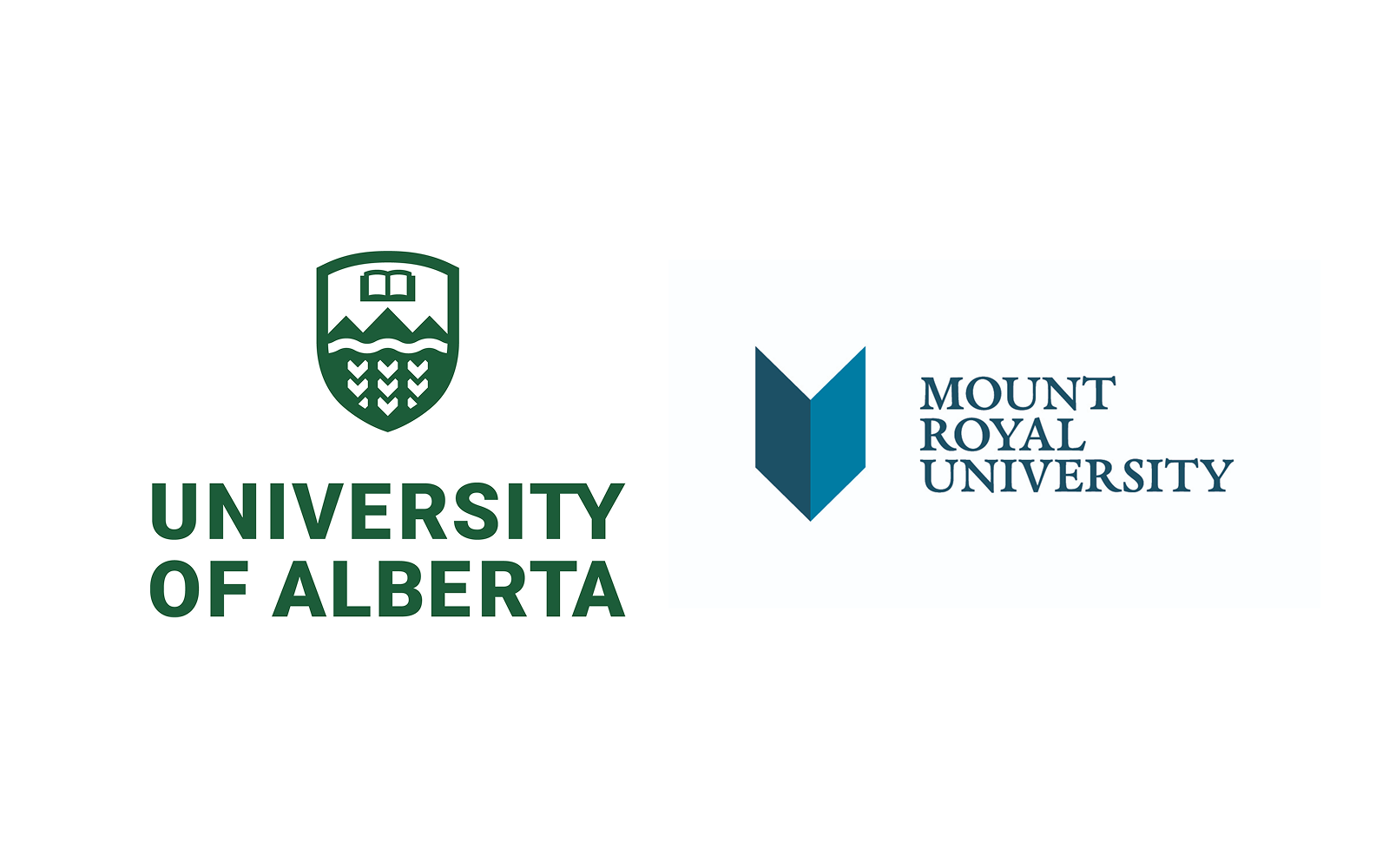 Logo de University of Alberta à gauche et logo de Mount Royal University à droite, sur un fond blanc.