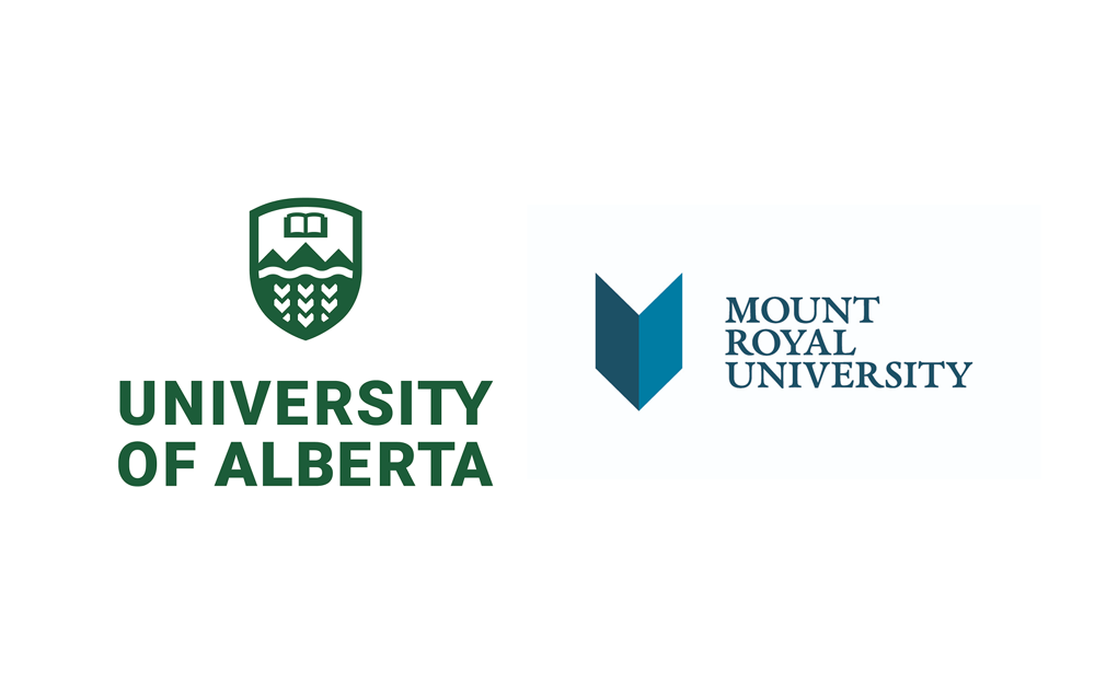 Logo de University of Alberta à gauche et logo de Mount Royal University à droite, sur un fond blanc.