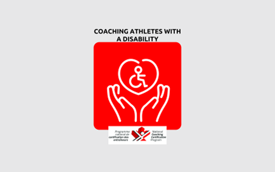 An infographic image that reads "Coaching Athletes with a Disability" in black text. Below it is a red square with a white icon inside of it. The icon shows two hands below a heart. Inside the heart is the wheelchair icon. Below everything is the NCCP logo.