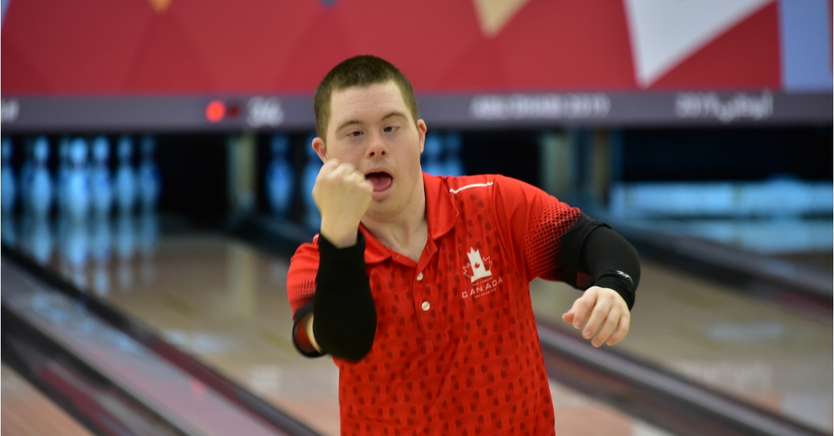 Mark Mengerson celebrates at the bowling alley in Abu Dhabi.