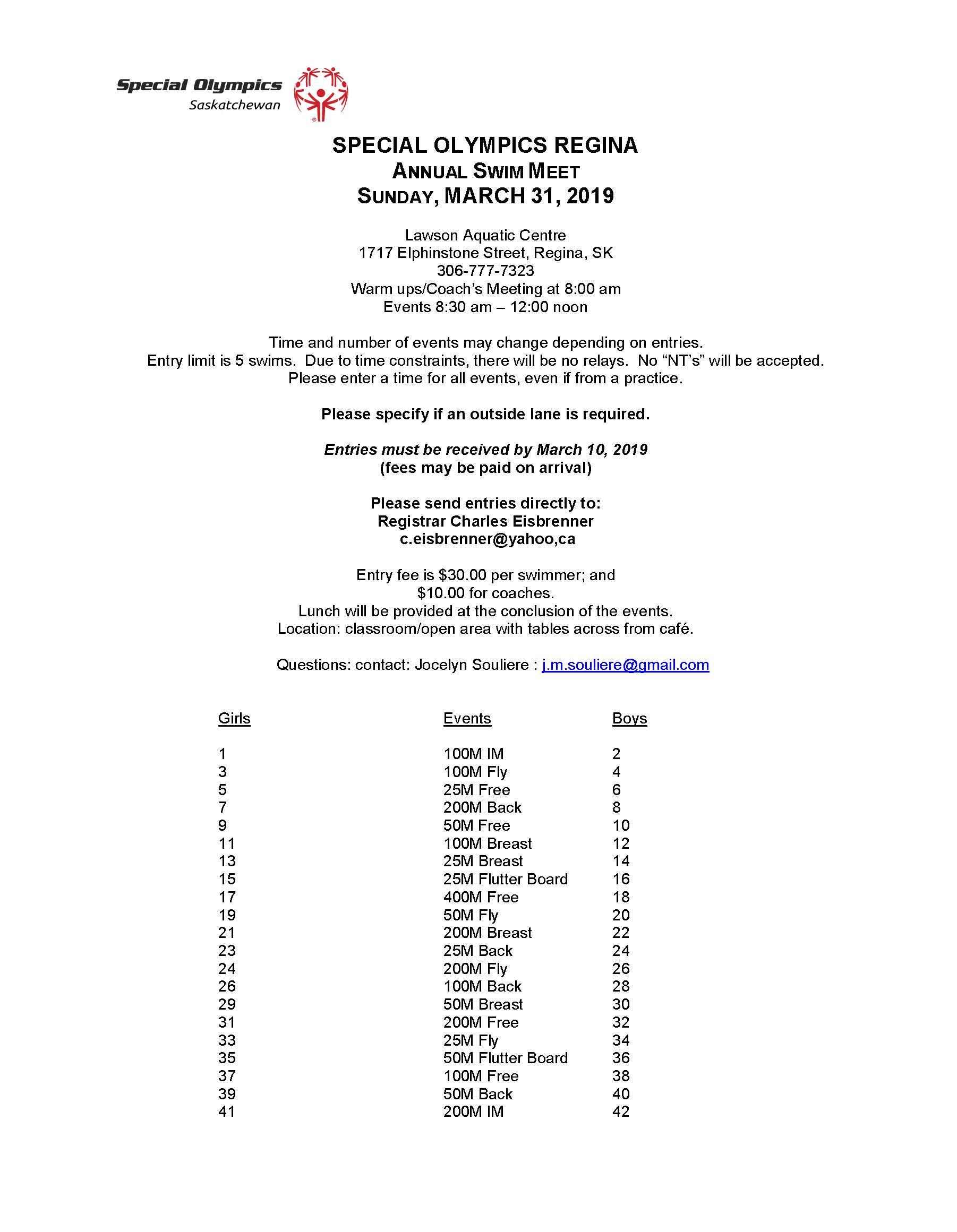 2019 Regina Swim Meet Invitation