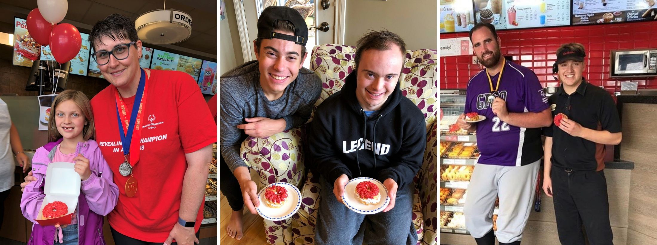 A collage of Special Olympics athletes at Tim Hortons for donuts