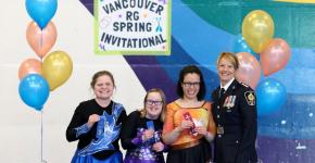 Joanne Wild presents ribbon at Rhythmic Gymnastics