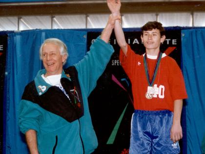 Dr. Frank Hayden with an athlete at Special Olympics Games in 1997.
