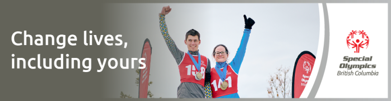 Banner image with a picture of two smiling Special Olympics athletes and text saying "Change lives, including yours"