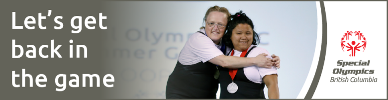 The headline "Let's get back in the game" next to a picture of powerlifting athletes Joanne and Lisa standing on a podium side by side, smiling and embracing each other