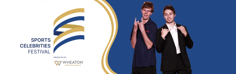 Sports Celebrities Festival 2022 Banner with Canucks player Quinn Hughes posing with SOBC athlete