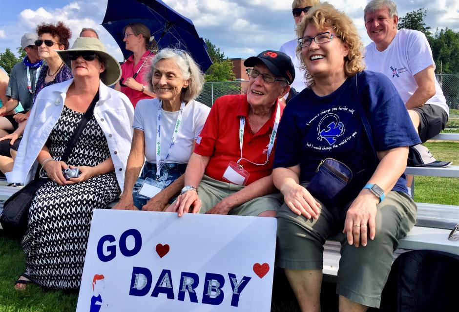 Dr Frank Hayden and wife Marion cheer on an athlete at the Special Olympics Canada 2018 Summer Games.