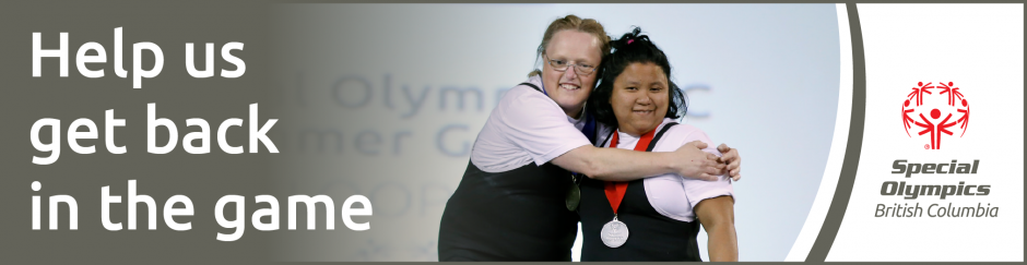 Image of Special Olympics BC athletes embracing on the podium, with SOBC logo and text saying "Help us get back in the game"