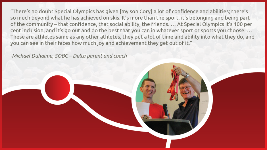 Graphic with a quote from parent Michael Duhaime. Please click to watch more from Michael and Cory at the 2023 Special Olympics BC Classic!