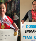 Two Special Olympics athletes hold up signs