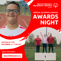 Special Olympics Canada Awards Night - Red poster with an athlete on the top left corner, and athletes on a podium at the bottom right corner.