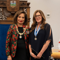 Audrey McFarlane with the Lieutenant Governor, Salma Lakhani.