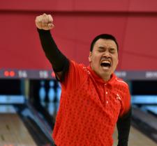 Richard Dolan cheers at the bowling alley.