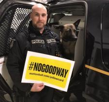 Const. Scott Edwards stands in front of a police car with his dog Chase in the front seat. Scott is holding a yellow sign that says #NoGoodWay