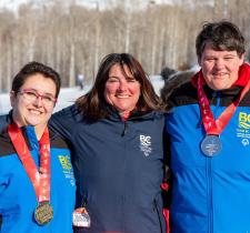 Special Olympics Team BC 2020 alpine skiing coach Misty Pagliaro with athletes Roxana Golbeck and Erin Thom.