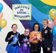 Joanne Wild presents ribbon at Rhythmic Gymnastics