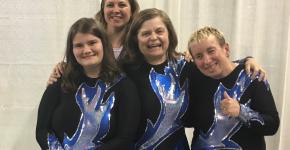 Jennifer Fyfe with three of her rhythmic gymnastics athletes