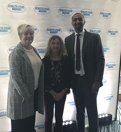 SOBC – Coquitlam Local Coordinator Sheila Hogan (centre), Delta North MLA and Parliamentary Secretary for Sport and Multiculturalism Ravi Kahlon (right), and SOBC Vice President, Sport, Lois McNary (left) at the Sport BC award ceremony. 