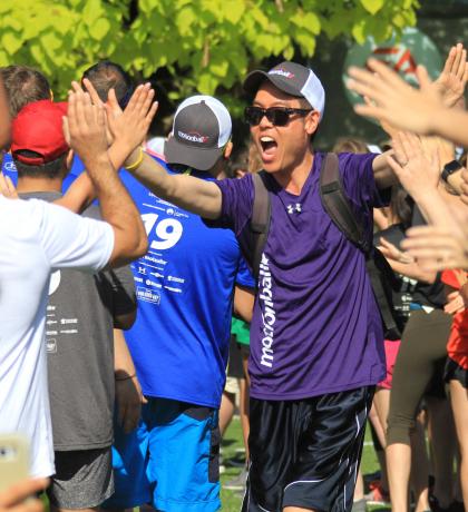 SOBC – Vancouver athlete Richard Louis receives a warm welcome at the motionball Marathon of Sport Vancouver. Photo by Tim Fitzgerald. 