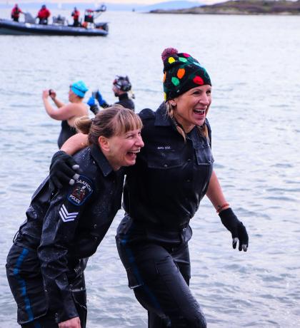 Saanich Police Department members freezin’ for a reason at the Vancouver Island Polar Plunge. Photo by Roy Whitney.