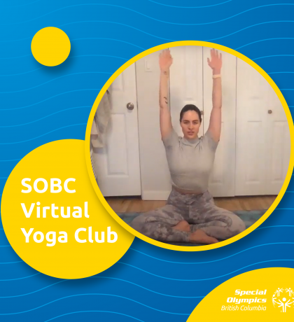 SOBC Virtual Yoga Club graphic, including a photo of instructor Shelbi Snodgrass.