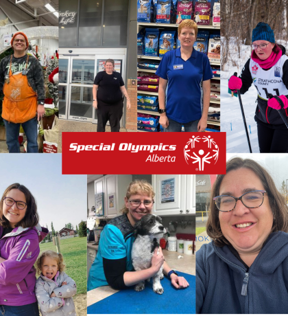 photo collage of 7 special olympics alberta athletes smiling while working at their jobs.