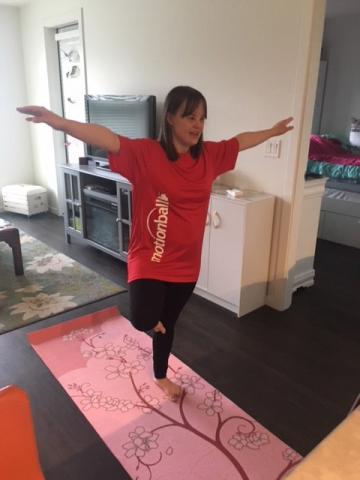 SOBC – Surrey athlete Krista Milne doing a tree pose with the virtual Marathon of Sport