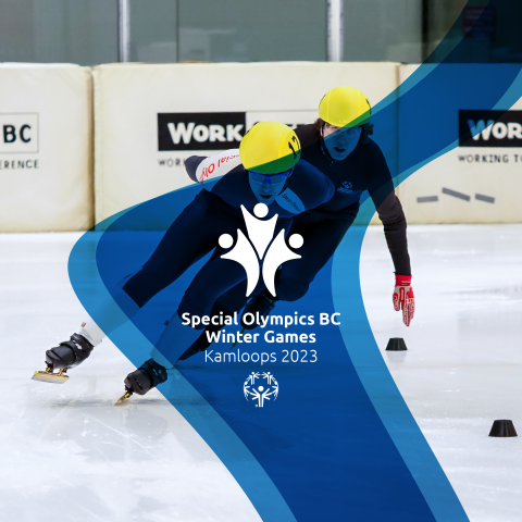 Special Olympics speed skaters racing in Kamloops, with the 2023 SOBC Games logo