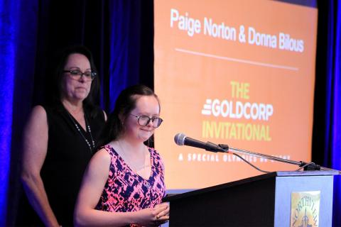 SOBC athlete Paige Norton speaks at the Goldcorp Invitational Golf Tournament dinner.