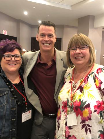 SOBC – Campbell River volunteers Jody Higgins (left) and Maureen Hunter (right) with Mark Tewksbury. Photo by Jody Higgins.